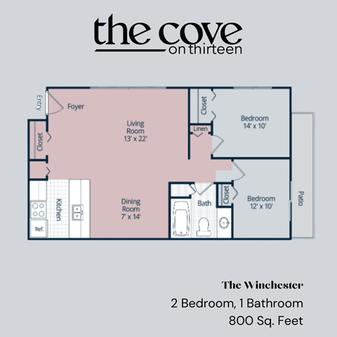 Floor plan for 2 beds, 1 bath, 900 sqft